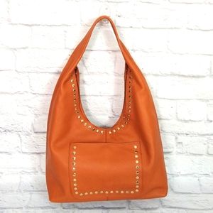 Laggo camel pebbled leather studded hobo bag